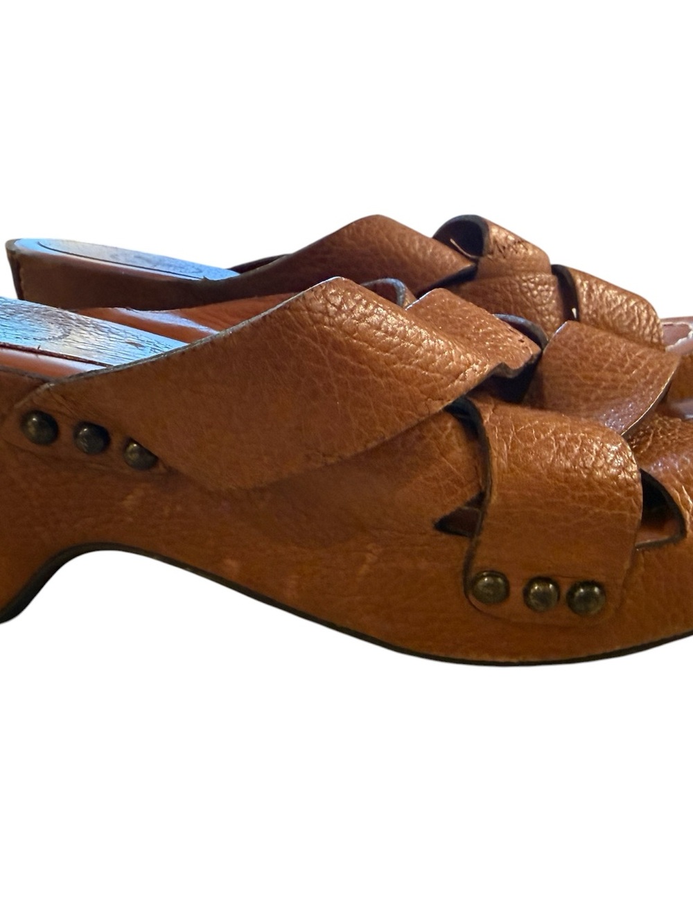Frye Thomasville CrissCross Strap mule in brown leather VGUC